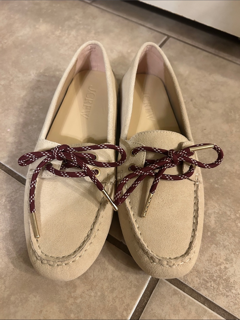 Like NEW J. Crew Beige Suede loafers  with Burgundy Contrast Laces